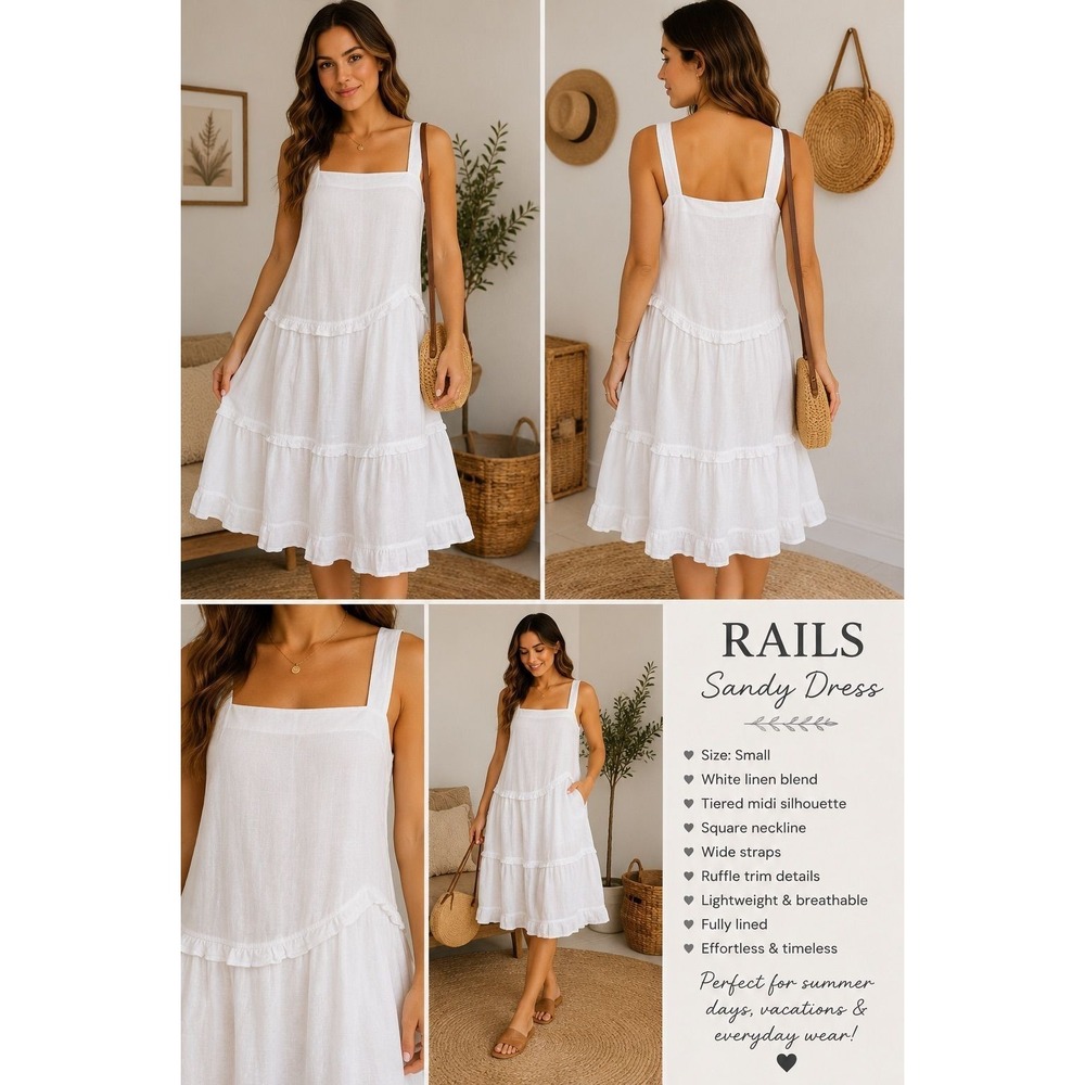 Rails Sandy White Tiered Linen Blend Midi Dress Small Coastal Cottagecore Boho